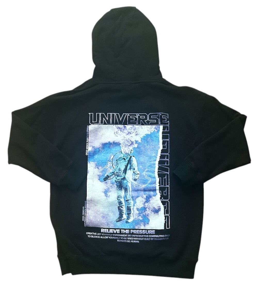 Chinese Black Oversized Graphic "Relieve the Pressure" Hoodie Men's Medium